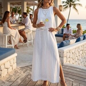 Island Company Linen Maxi Dress White Sleeveless Side Slit Minimalist Flowy